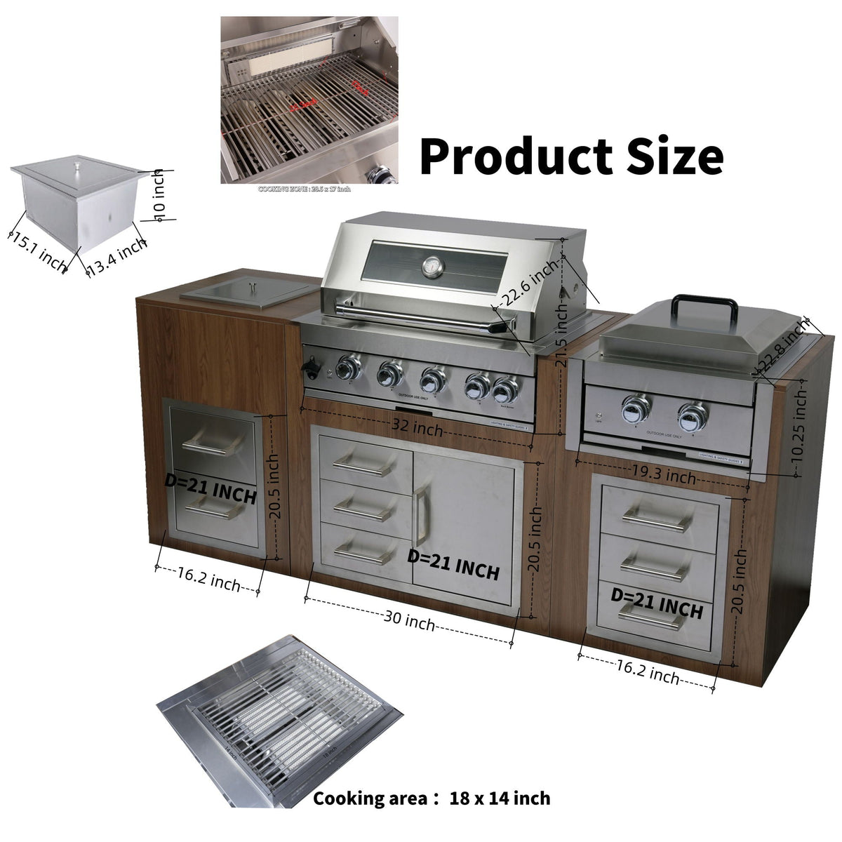Built-In Outdoor Kitchen LPG Gas Grill 60000 Btu with drop-in ice box and BBQ tool set, silver on Tampa Home & Garden Store