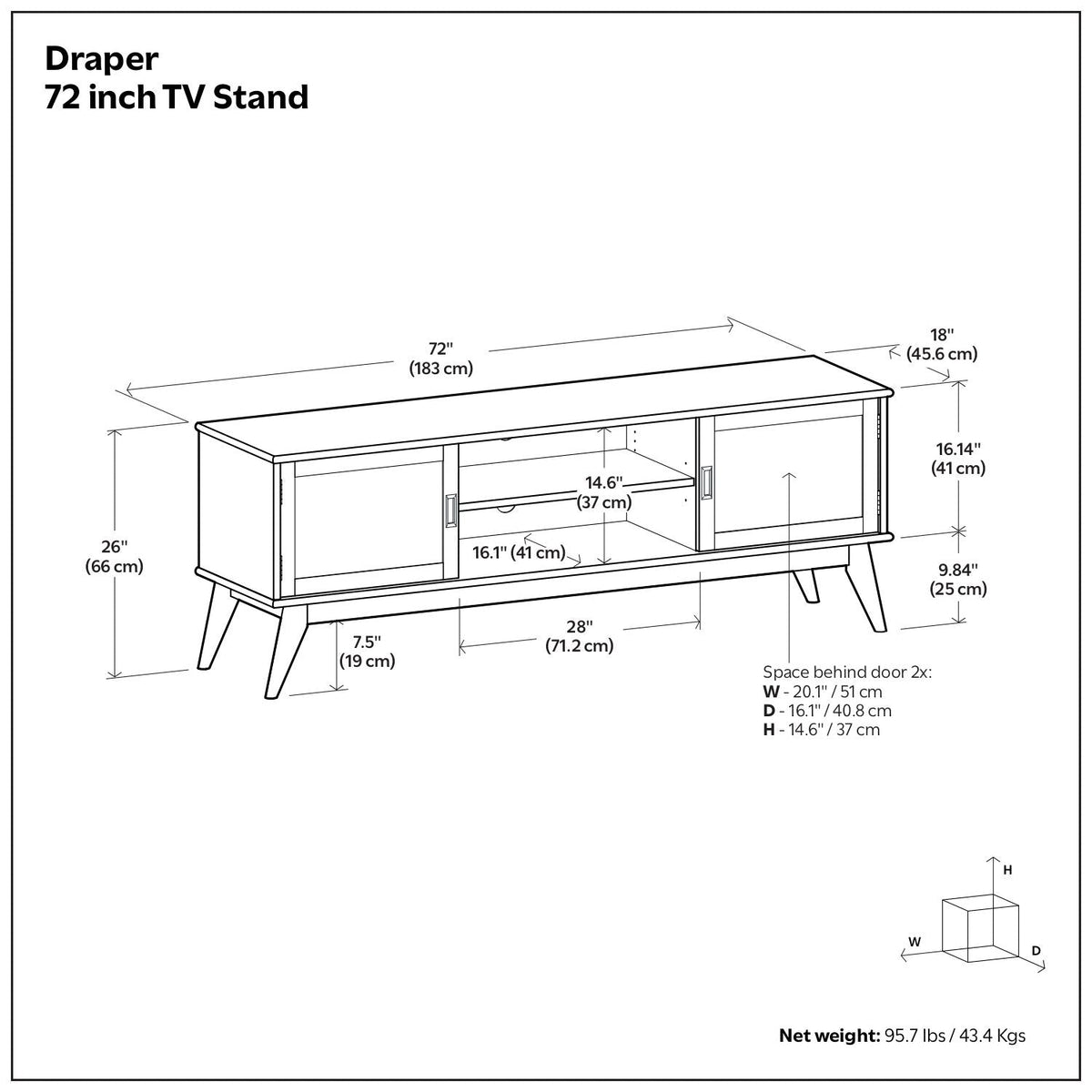 Handcrafted mid-century TV stand and storage, 72-inch length with open center shelf on Tampa Home & Garden Store