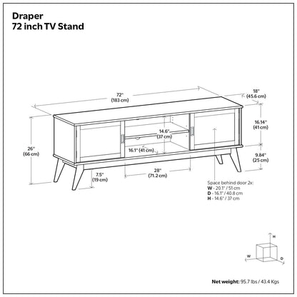 Handcrafted mid-century TV stand and storage, 72-inch length with open center shelf on Tampa Home & Garden Store