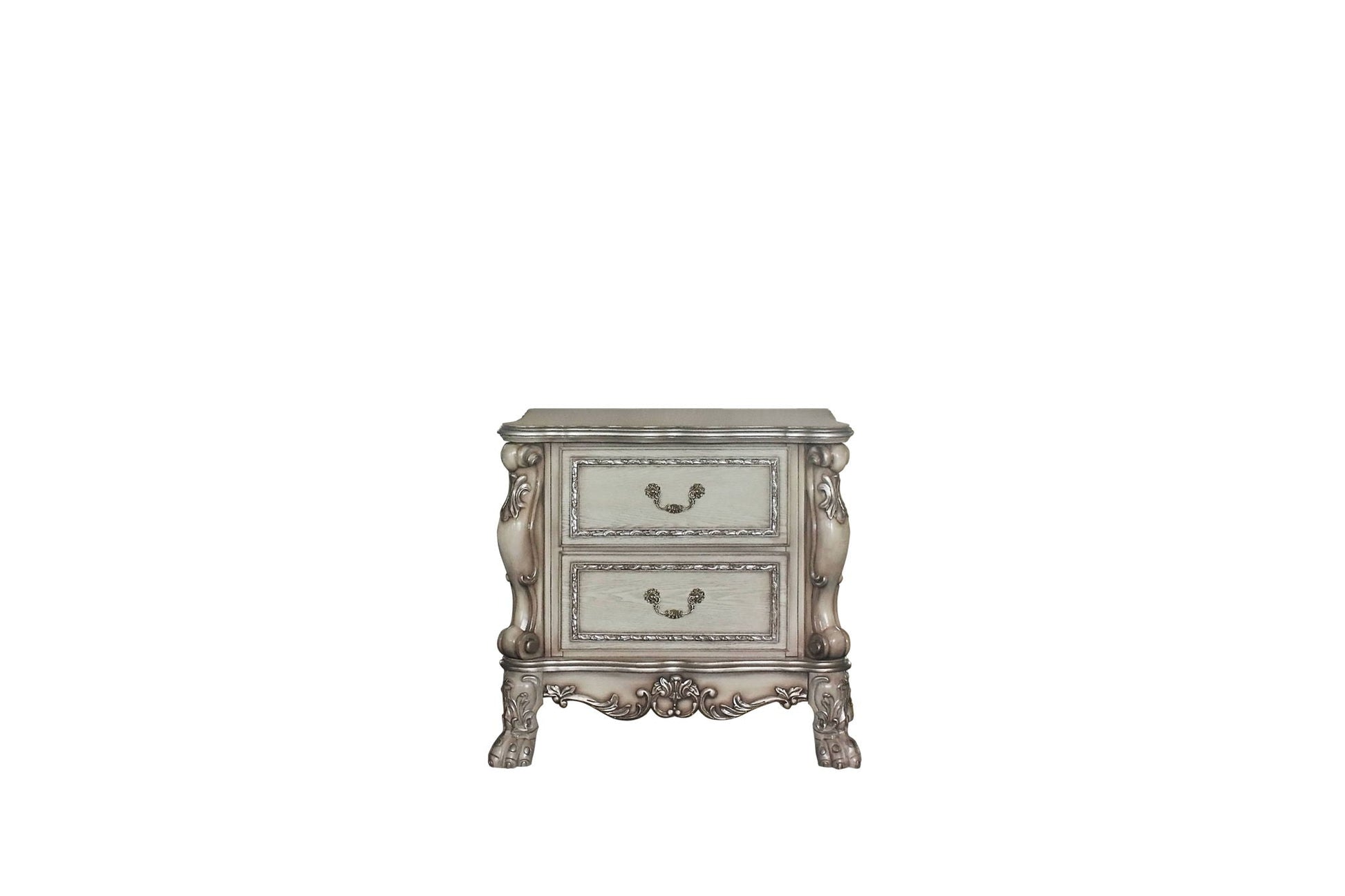Dresden nightstand by HouseOfZazla in gray finish with ornate carved details on Tampa Home & Garden Store