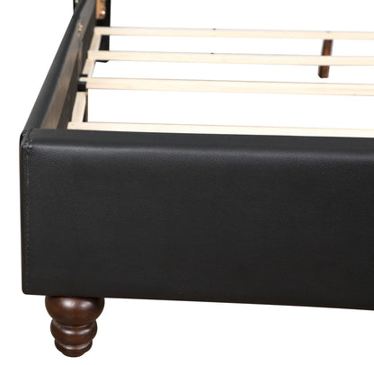 Upholstered bed frame in black faux leather with light wood slats and turned wooden leg by Unique Piece Furniture on Tampa Home & Garden Store