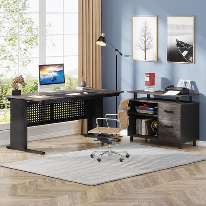 L-shaped executive desk with file cabinet in dark wood and black metal frame with drawers on Tampa Home & Garden Store