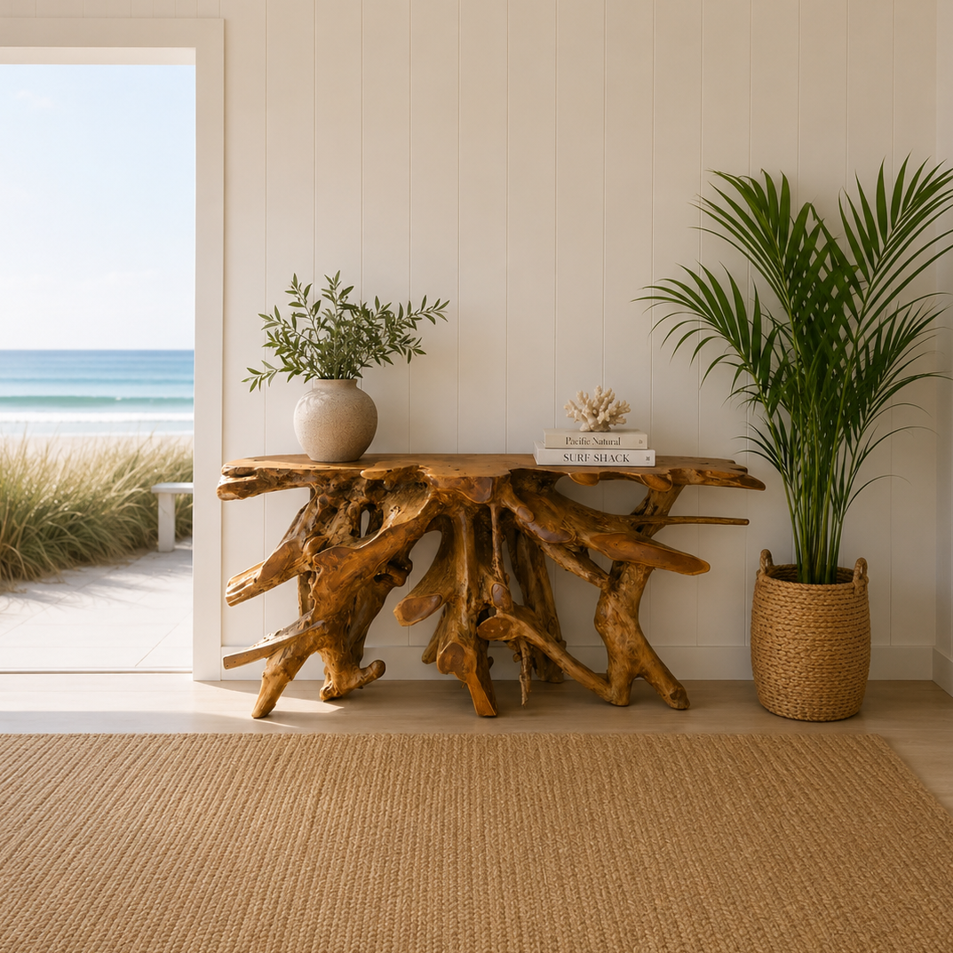 Teak console table with natural root base and smooth top in a coastal interior on Tampa Home & Garden Store