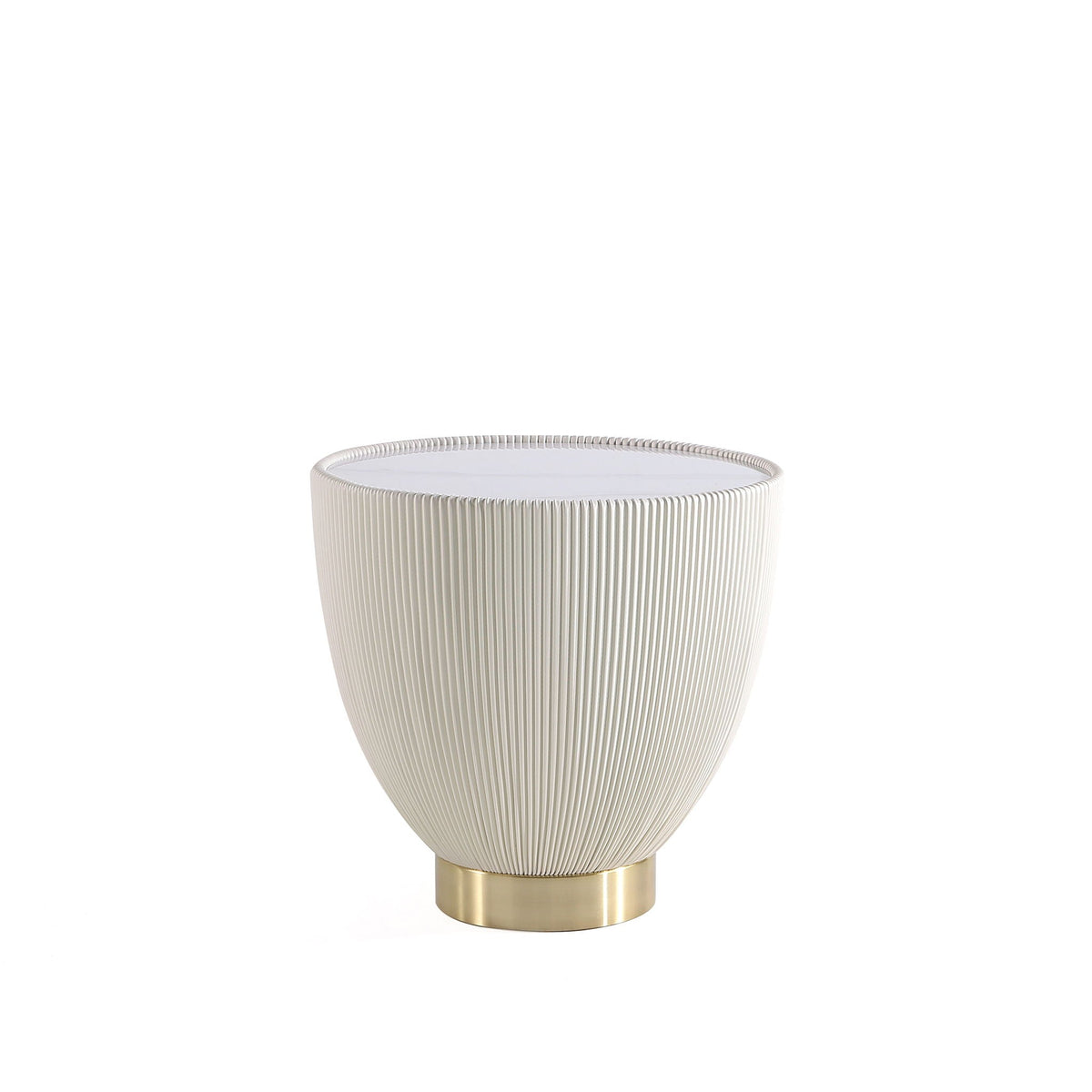Upholstered end table with sintered stone top, ivory ribbed, brass base by HouseOfZazla on Tampa Home & Garden Store