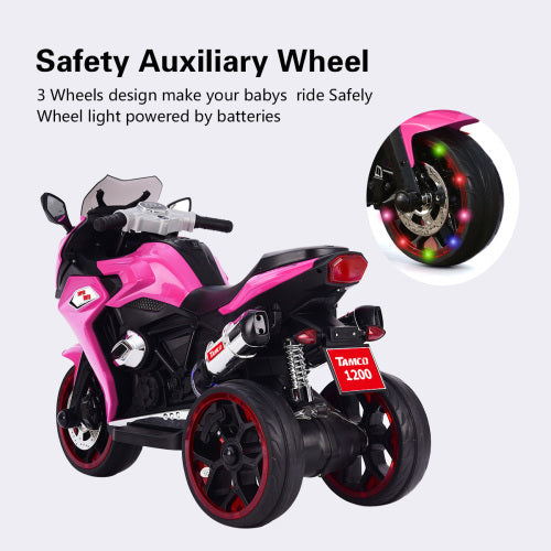 Kids' 12V pink electric motorcycle with light-up wheels and 3-wheel design by UpTrend Deals on Tampa Home & Garden Store