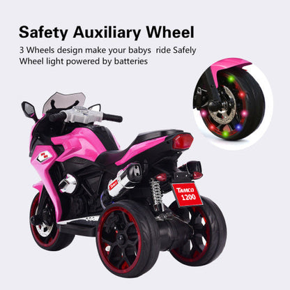 Kids' 12V pink electric motorcycle with light-up wheels and 3-wheel design by UpTrend Deals on Tampa Home & Garden Store
