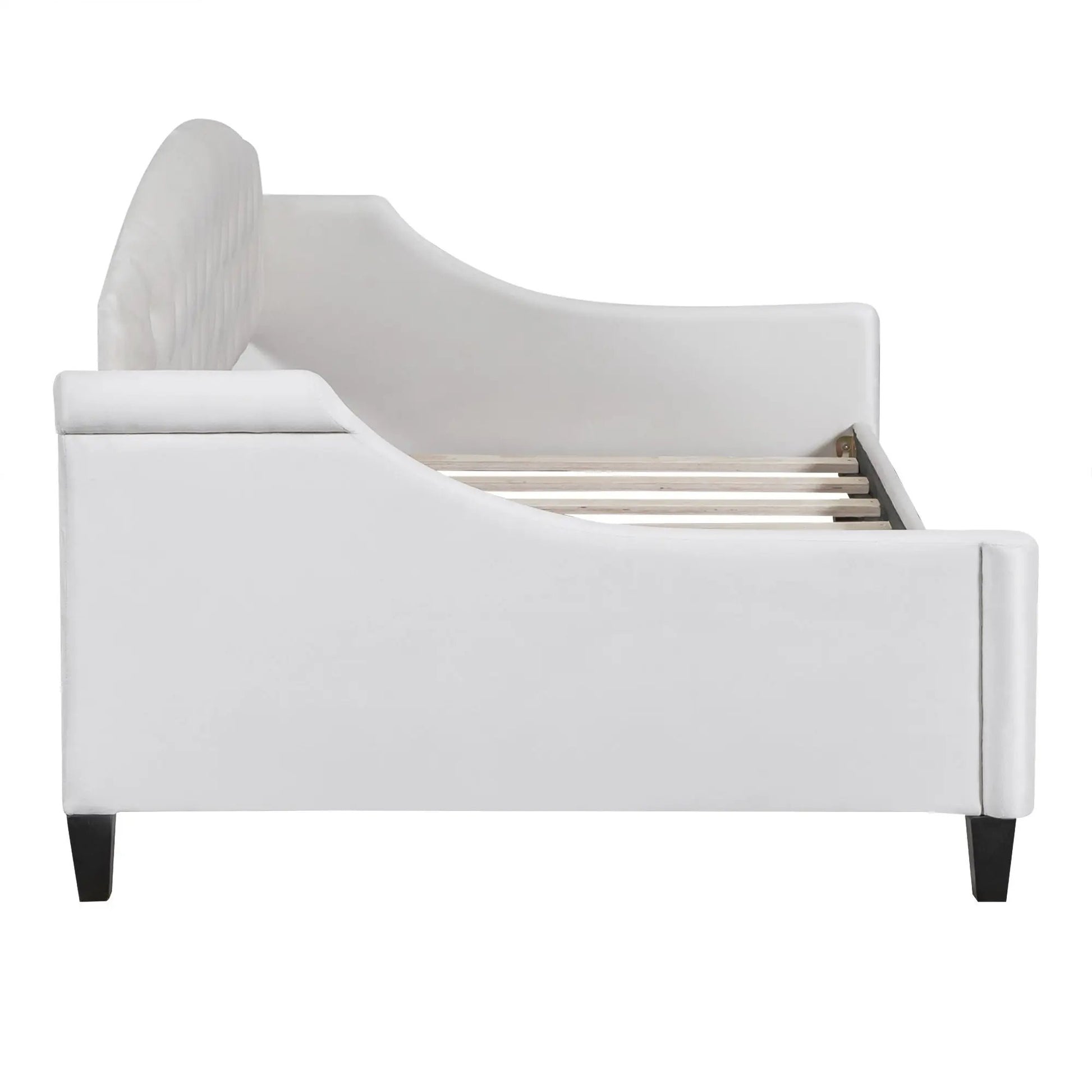 Modern Tufted Button Daybed white upholstered with tufted back, exposed slats and curved arm on Tampa Home & Garden Store