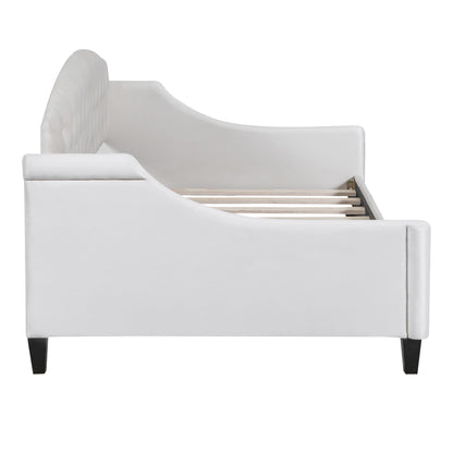 Modern Tufted Daybed by HouseOfZazla in white upholstery with tufted back and curved arm on Tampa Home & Garden Store
