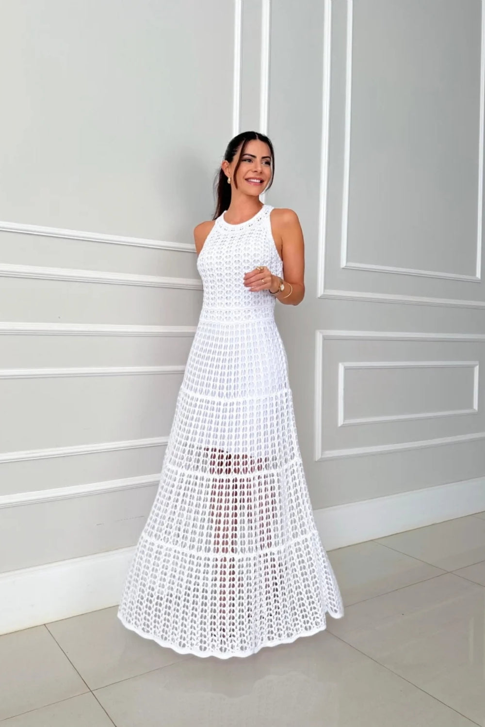 Long sleeveless cutout maxi dress Stevvex white with lace-like lattice pattern on Tampa Home & Garden Store