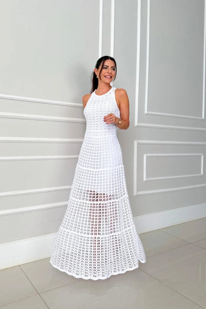 Long sleeveless cutout maxi dress Stevvex white with lace-like lattice pattern on Tampa Home & Garden Store