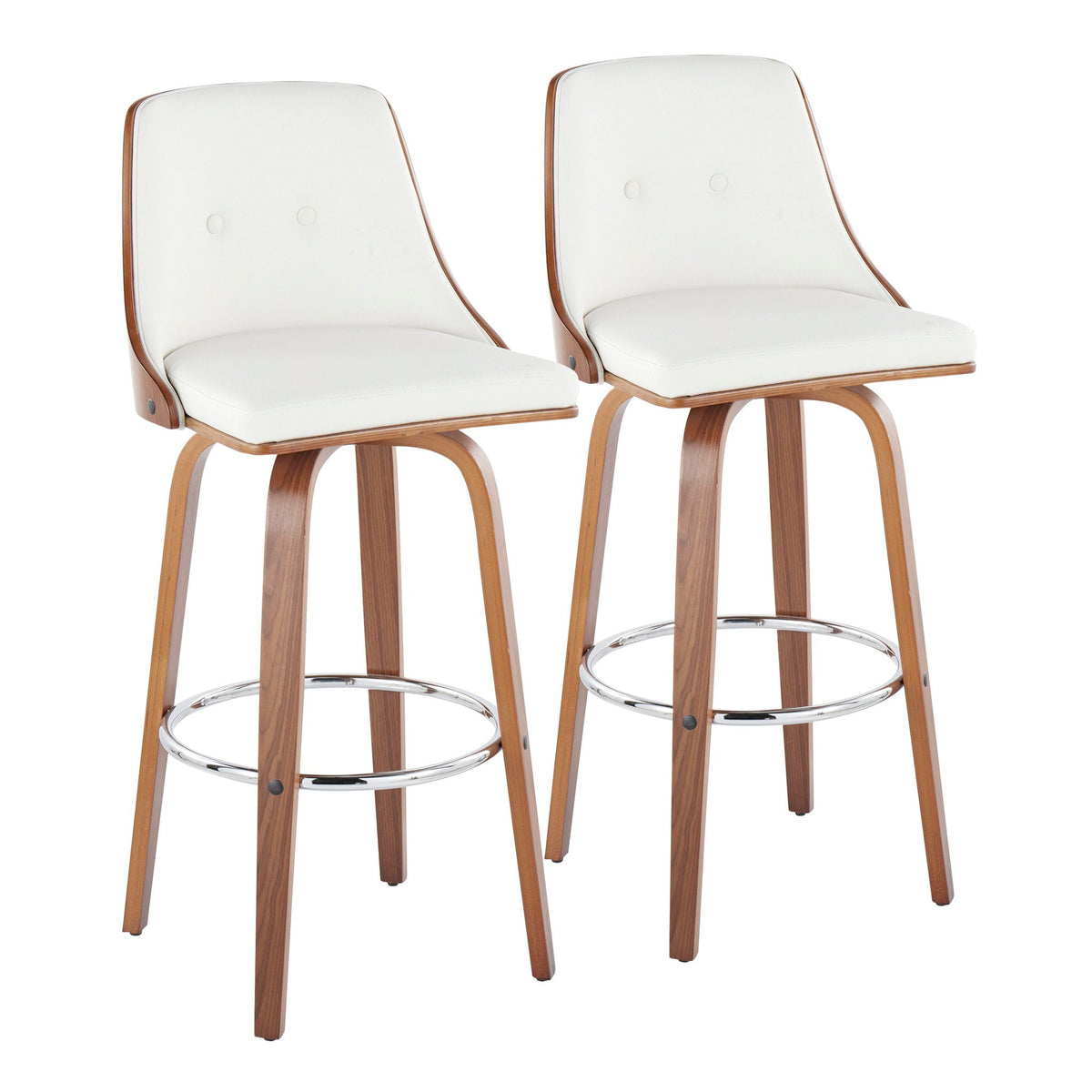 Modern swivel barstool set of 2 with white upholstery, wood frame and chrome footrest on Tampa Home & Garden Store