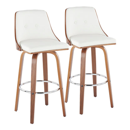 Modern swivel barstool set of 2 with white upholstery, wood frame and chrome footrest on Tampa Home & Garden Store