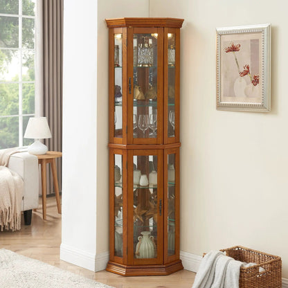 Corner curio cabinet with lights, oak finish, tempered glass shelves, mirrored back on Tampa Home & Garden Store