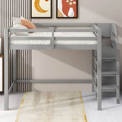 Loft bed with built-in storage wardrobe and staircase, gray wood frame with stairs and drawers on Tampa Home & Garden Store