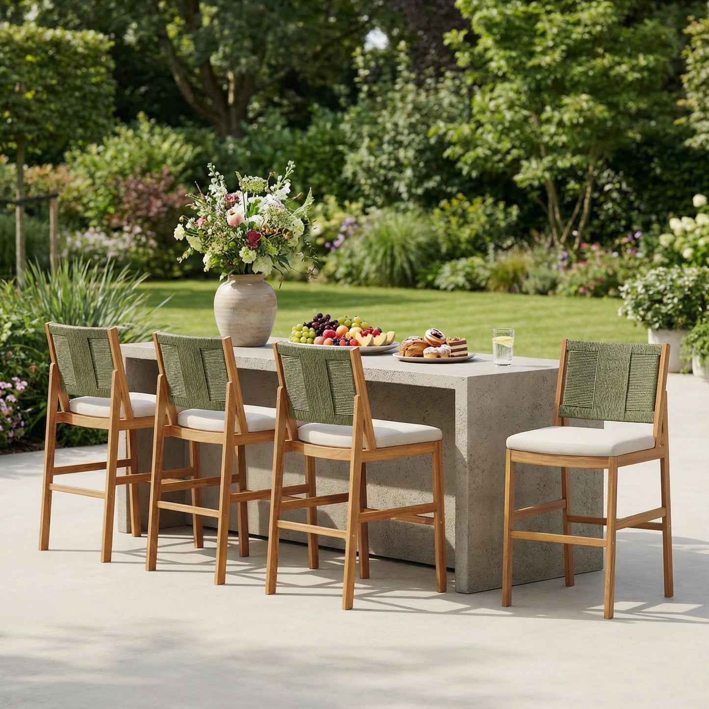 4-piece Arly Green Outdoor Bar Stool Set; green woven backs, wooden frames, white cushions on Tampa Home & Garden Store