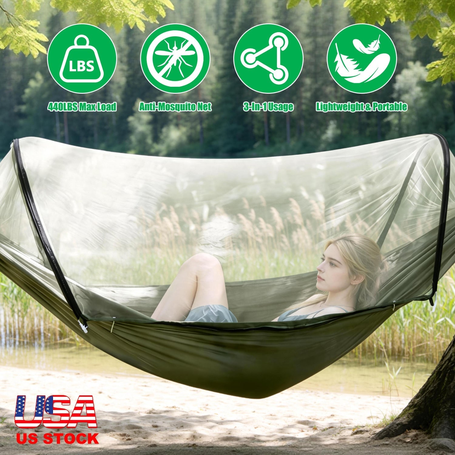 GemGear Camping Hammock with Mosquito Net, 440 lbs max load, lightweight & portable, 3-in-1 usage on Tampa Home & Garden Store