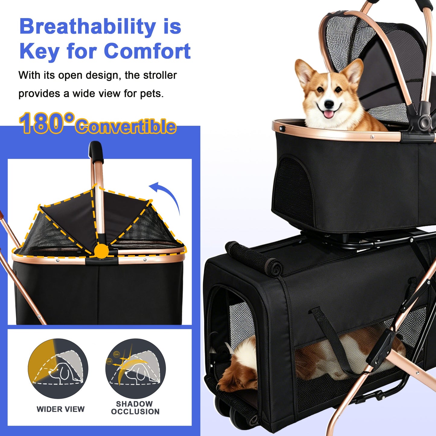 Double Pet Stroller for Small and Medium Dogs and Cats by HouseOfZazla, rose-gold frame on Tampa Home & Garden Store