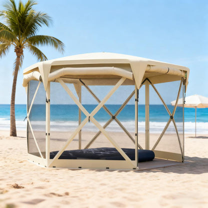 11 x 11ft Pop Up Tent by HouseOfZazla, beige canopy with removable roof cover and mesh sides on Tampa Home & Garden Store