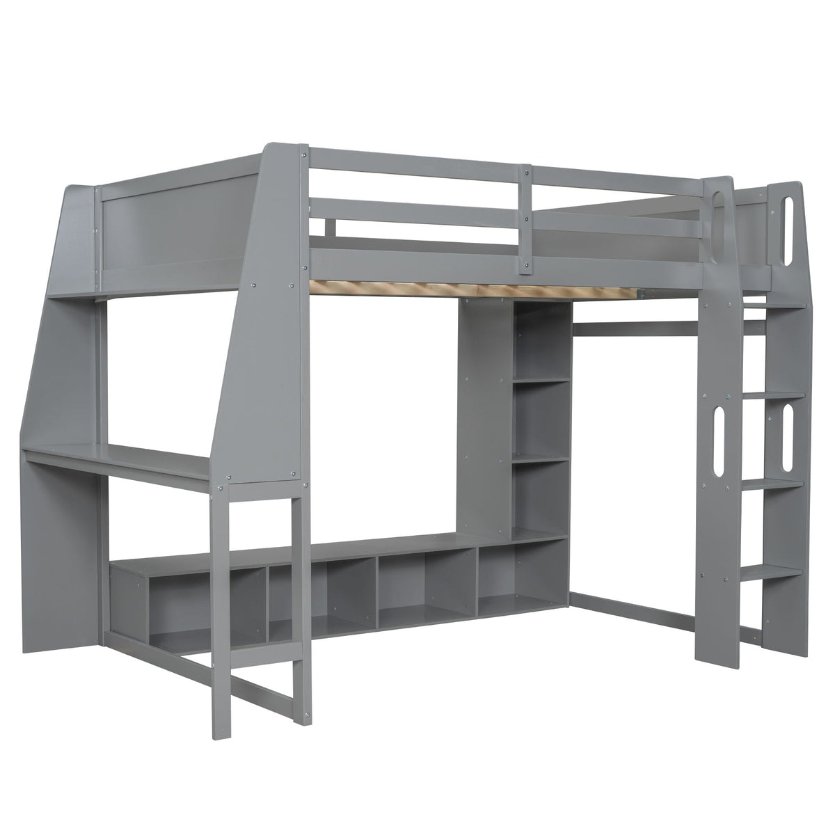Gaming loft bed with desk, gray finish, LED lighting, storage shelves and hanging clothes rack on Tampa Home & Garden Store