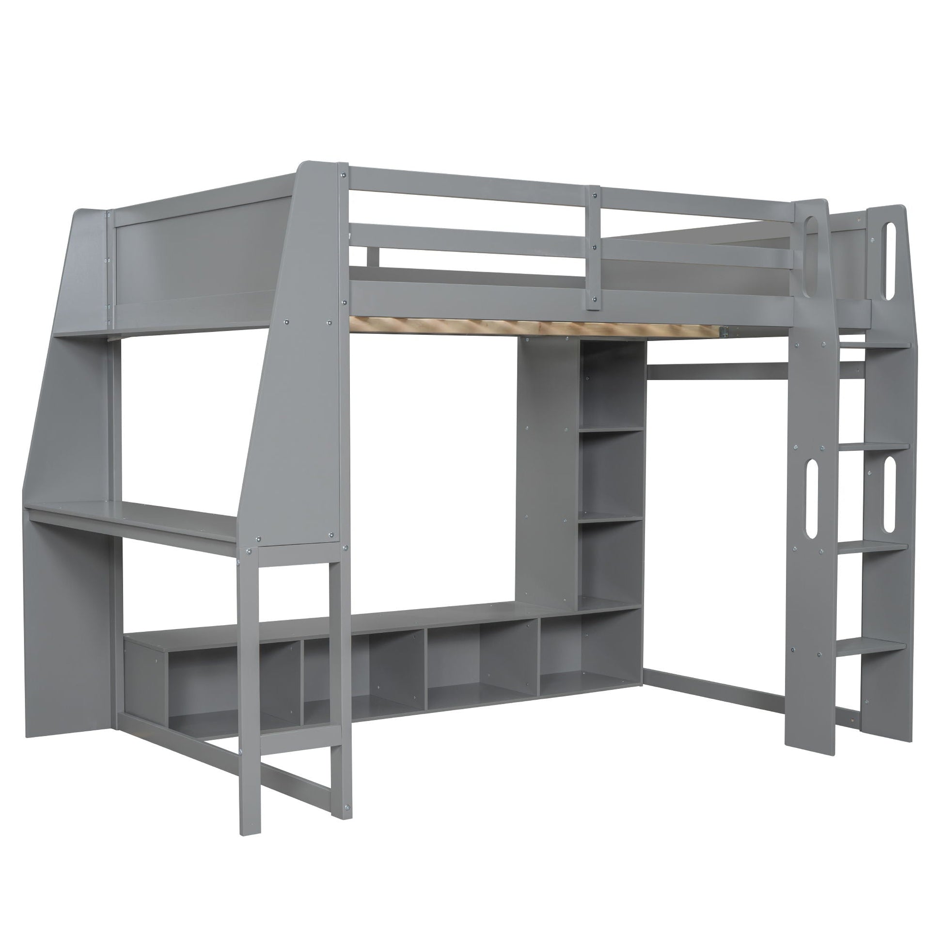 Gaming loft bed with desk, gray finish, LED lighting, storage shelves and hanging clothes rack on Tampa Home & Garden Store