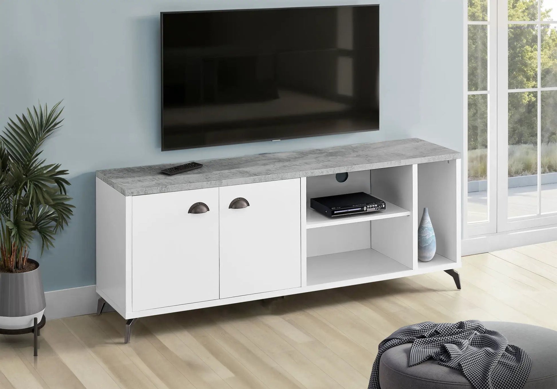 TV stand with white cabinets and gray marble top, open media shelf, modern entertainment center on Tampa Home & Garden Store