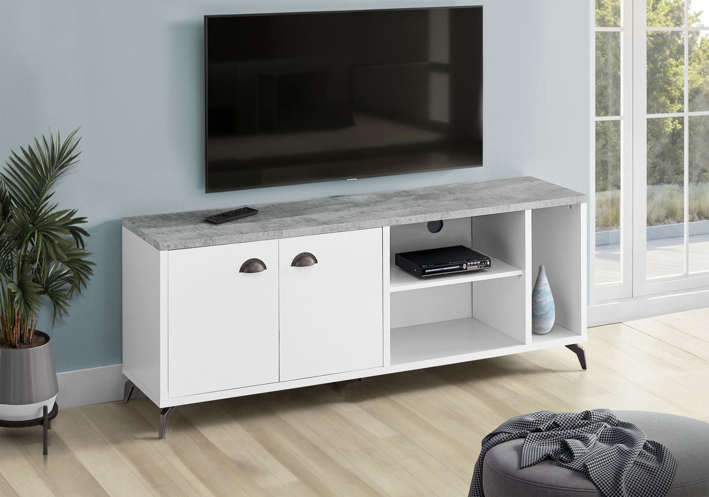 Contemporary TV Stand by HouseOfZazla in white with gray top and storage cabinets on Tampa Home & Garden Store