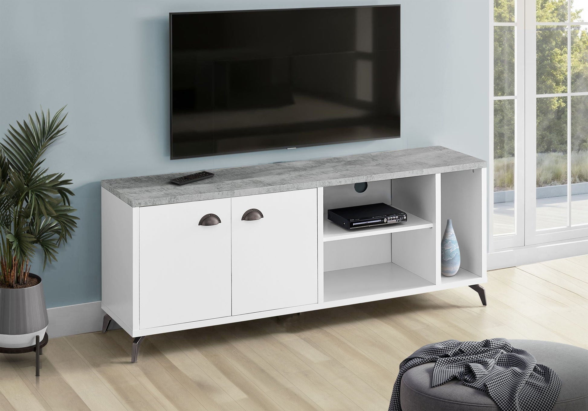 Contemporary TV Stand by HouseOfZazla in white with gray top and storage cabinets on Tampa Home & Garden Store