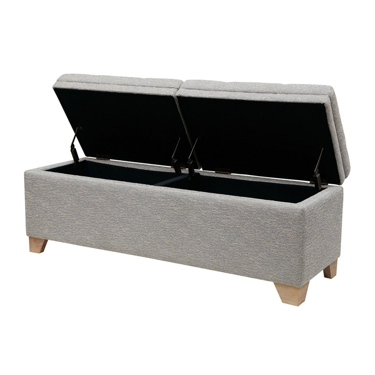 Soft-close upholstered storage bench in dark gray with split-top lid, wooden legs on Tampa Home & Garden Store
