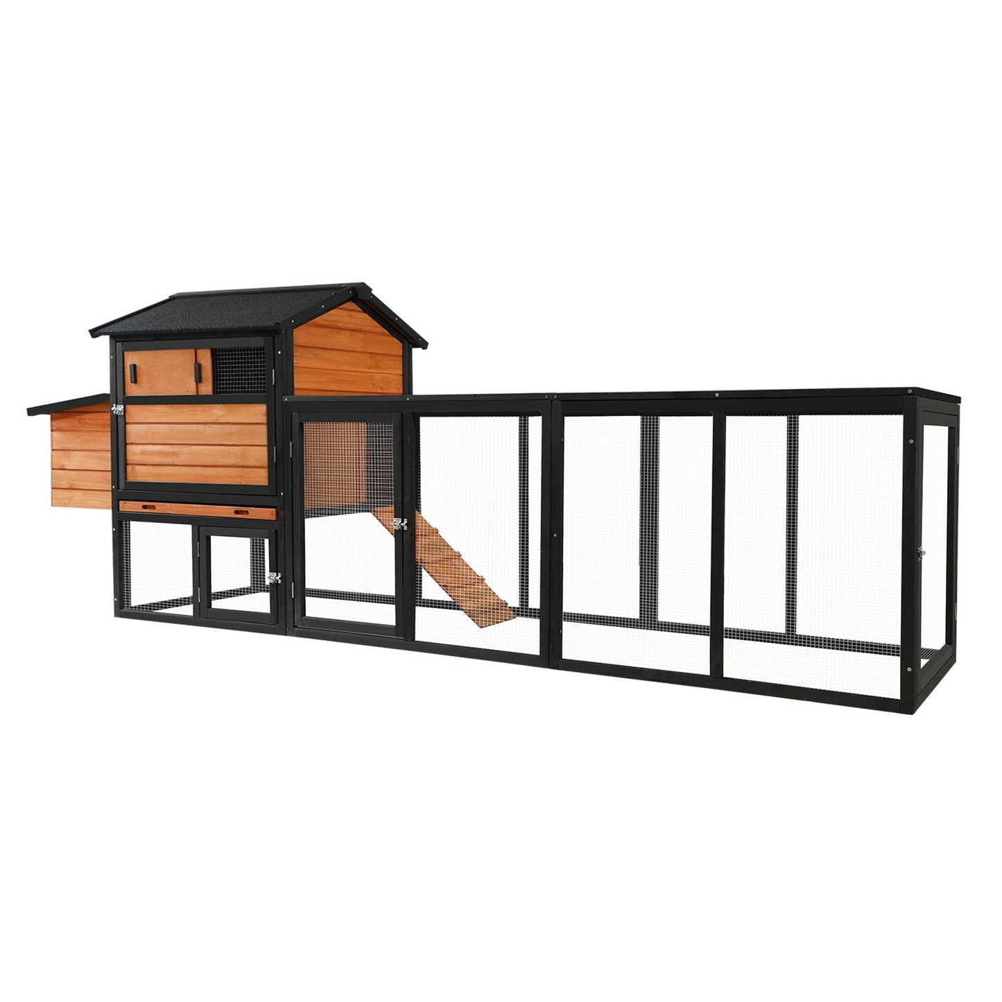 Chicken Coop With Run And Nesting Box hutches; black metal frame, natural wood siding, mesh run, ramp on Tampa Home & Garden Store