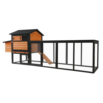 Chicken Coop With Run And Nesting Box hutches; black metal frame, natural wood siding, mesh run, ramp on Tampa Home & Garden Store