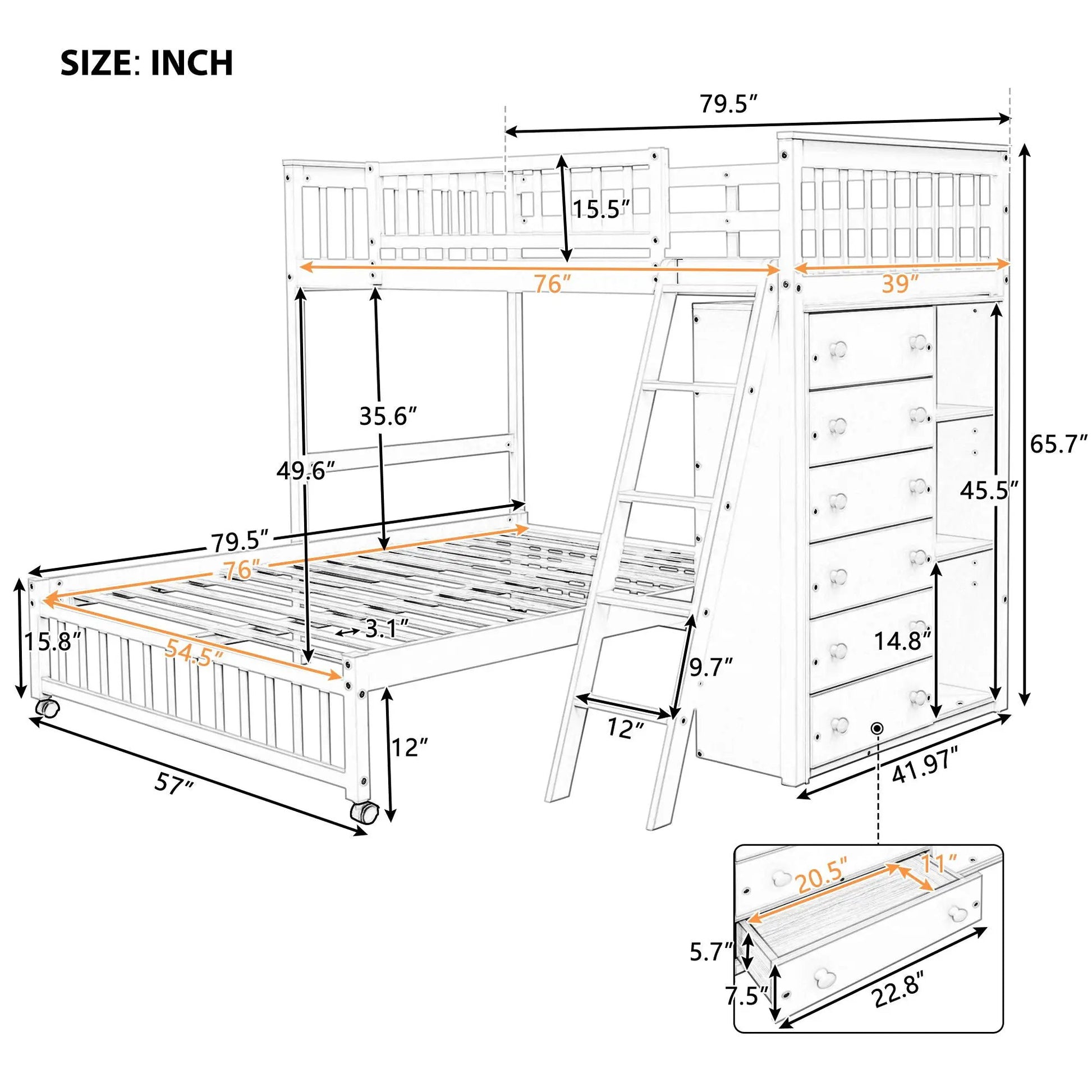 White bunk bed with 6-drawer dresser and shelves, bottom bunk on wheels, Unique Piece Furniture on Tampa Home & Garden Store