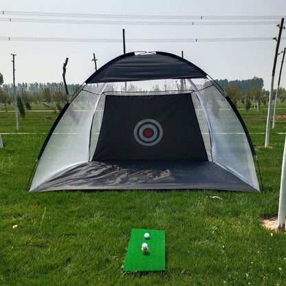 Golf practice net tent with mesh sides and target on field with mat and two golf balls on Tampa Home & Garden Store