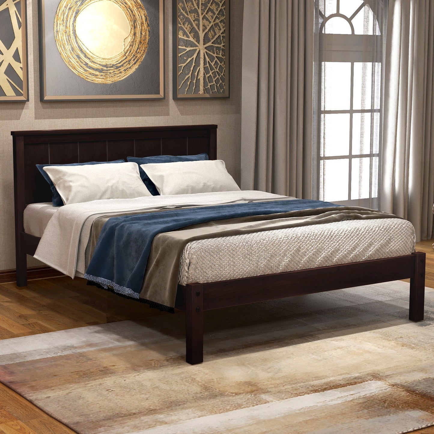 Strong Espresso Wood Platform Bed and Headboard