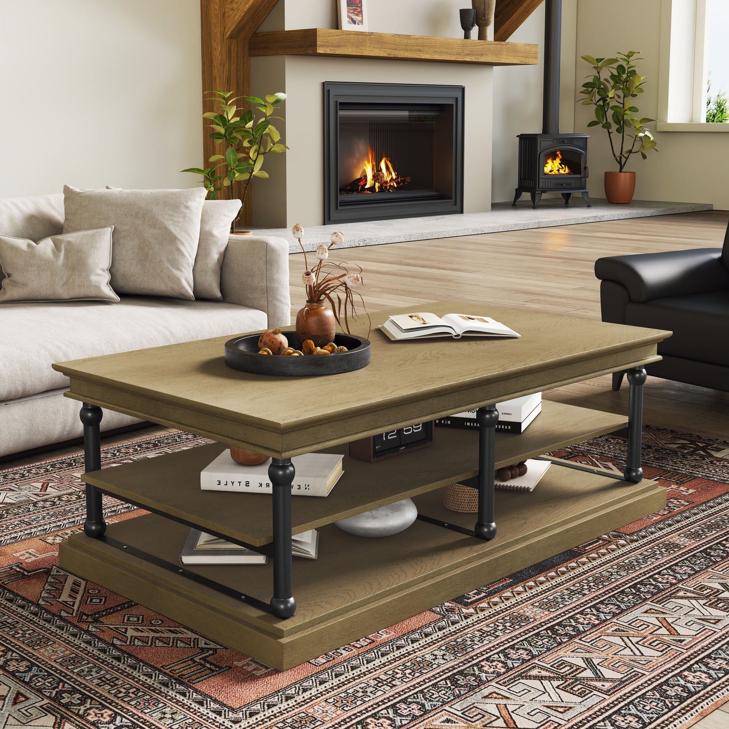 55.1in wood coffee table with black legs and open storage shelves by HouseOfZazla on Tampa Home & Garden Store