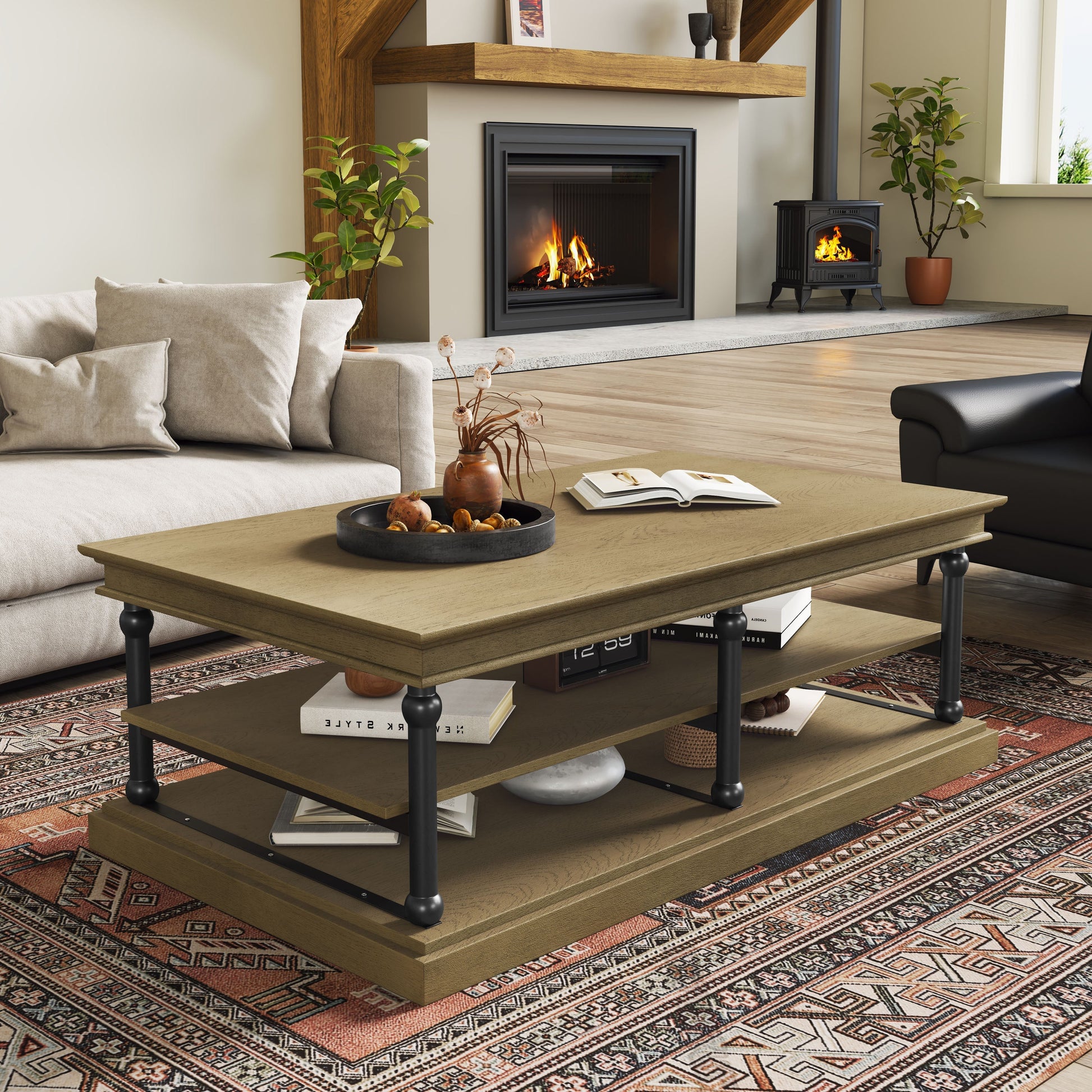 55.1in wood coffee table with black legs and open storage shelves by HouseOfZazla on Tampa Home & Garden Store