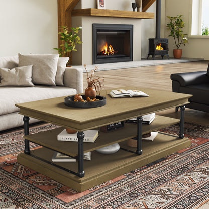 55.1in wood coffee table with black legs and open storage shelves by HouseOfZazla on Tampa Home & Garden Store