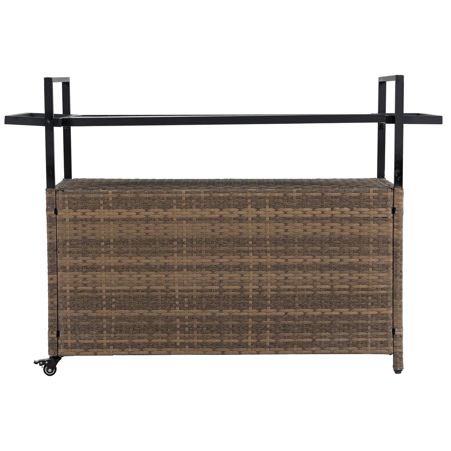 Outdoor wicker bar cart with brown woven base, black metal frame, and wheels on Tampa Home & Garden Store