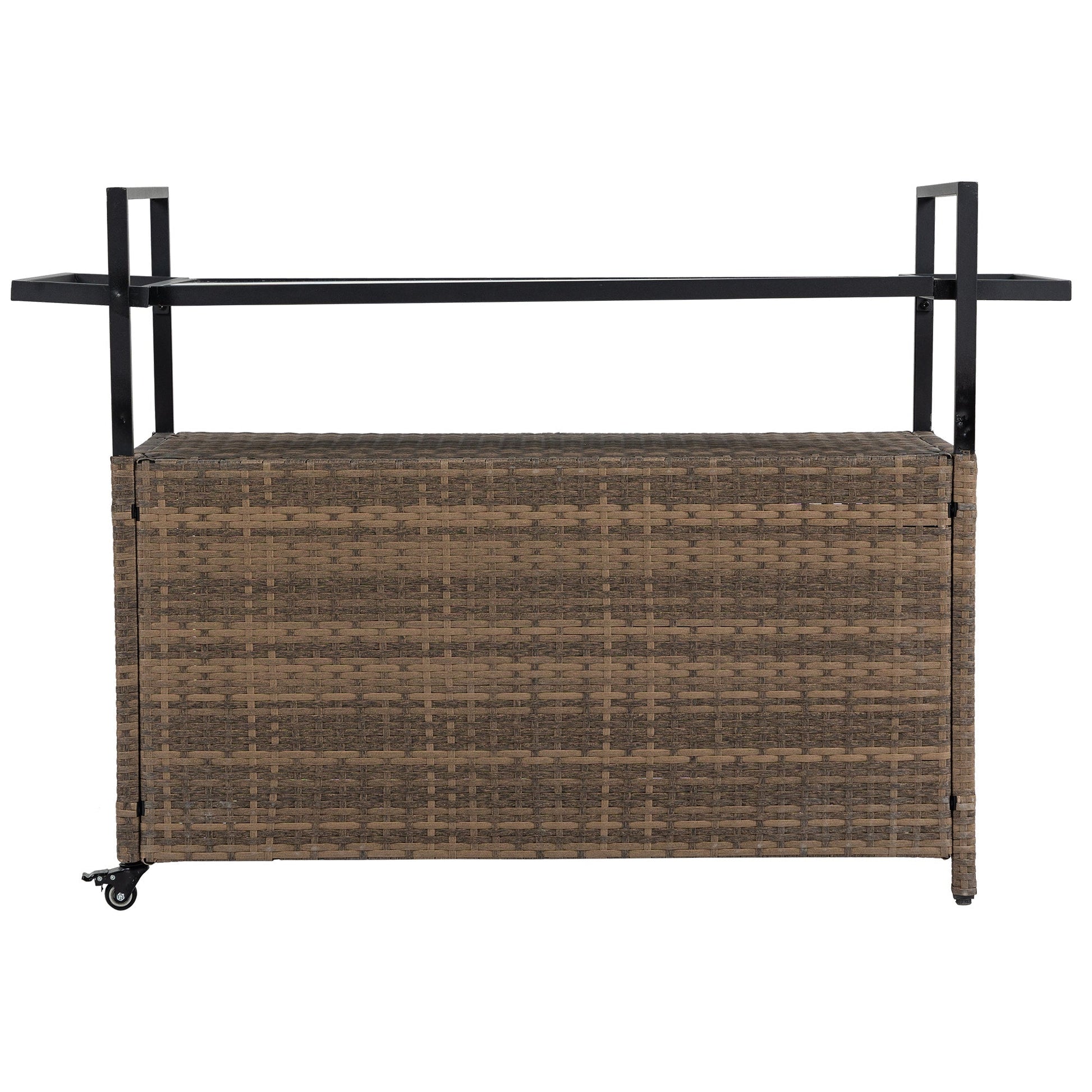 Outdoor wicker bar cart with brown woven base, black metal frame, and wheels on Tampa Home & Garden Store