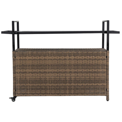 Outdoor wicker bar cart with brown woven base, black metal frame, and wheels on Tampa Home & Garden Store