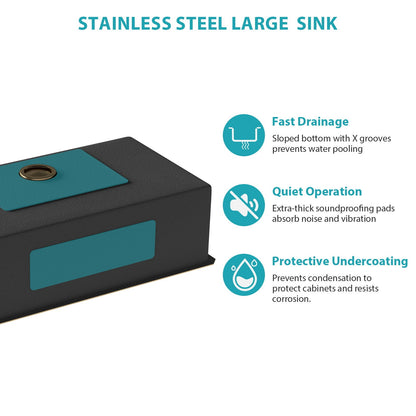 Undermount stainless steel kitchen sink 32x19, 16 ga deep single bowl with teal accents on Tampa Home & Garden Store