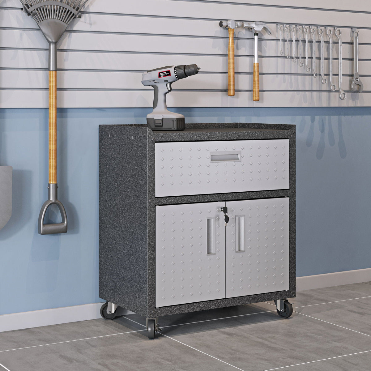 Mobile garage cabinet with locking system in gray white dark gray on wheels HouseOfZazla on Tampa Home & Garden Store
