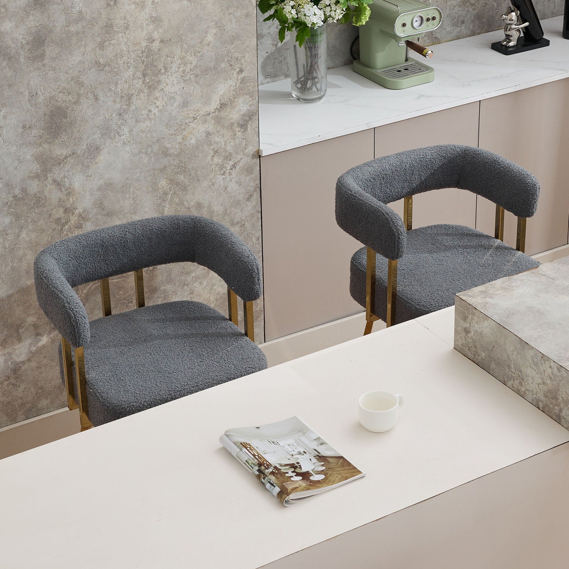 Decorative Upholstered Side Chair Set of 2 in gray boucle with gold legs HouseOfZazla on Tampa Home & Garden Store