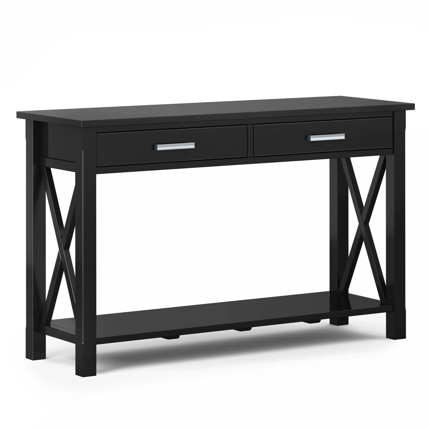 Kitchener Handcrafted Console Table with two drawers, black finish, handles, X-leg supports on Tampa Home & Garden Store