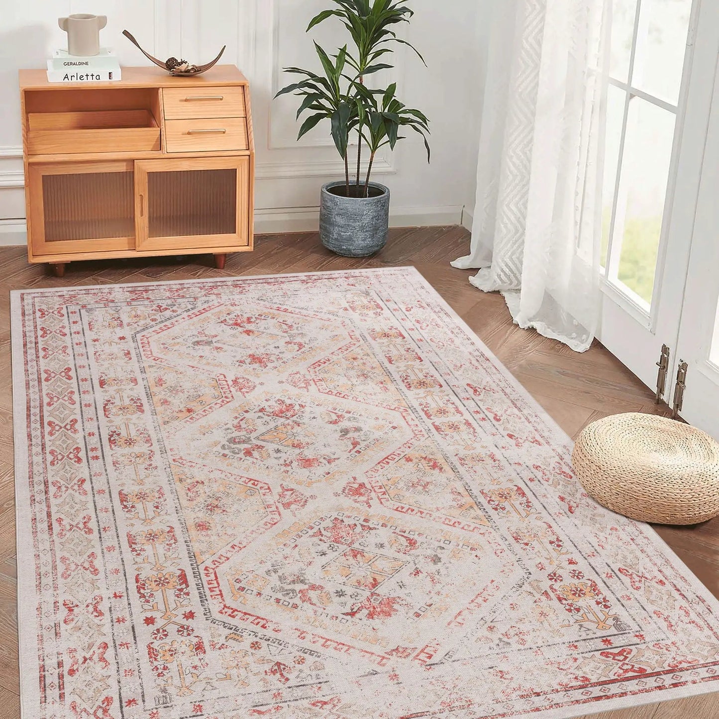 Maval washable rug Unique Piece Furniture in beige with red motifs, laid in living room on Tampa Home & Garden Store