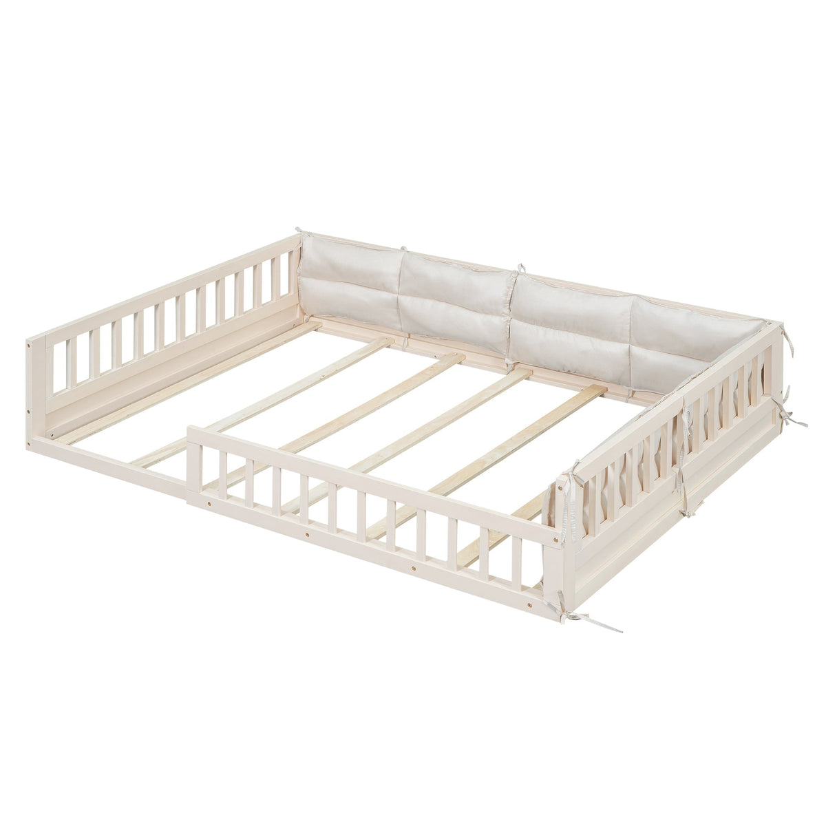 Wood full-size upholstered platform bed with guardrail and beige padded bumper on Tampa Home & Garden Store