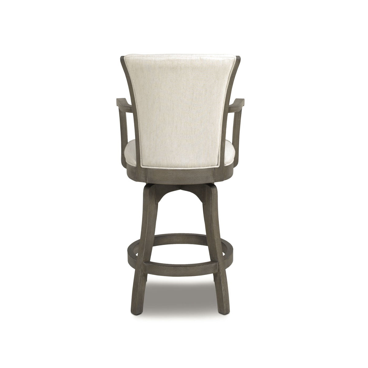 Swivel counter-height bar stool with high beige upholstered back and solid wood frame on Tampa Home & Garden Store
