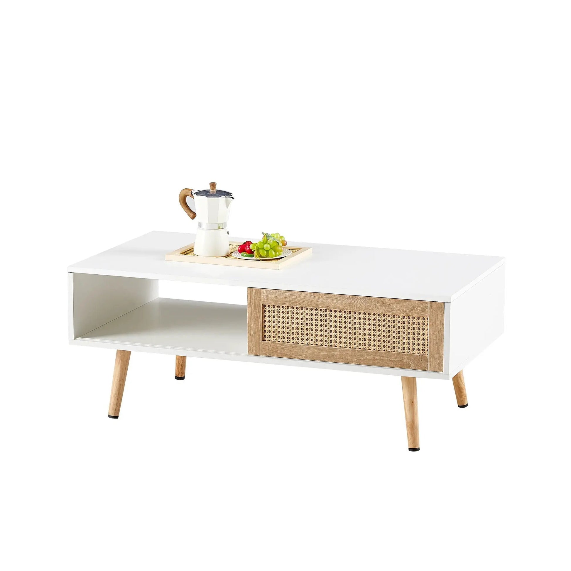 41.34 inch rattan coffee table with sliding storage door, white top and solid wood legs on Tampa Home & Garden Store