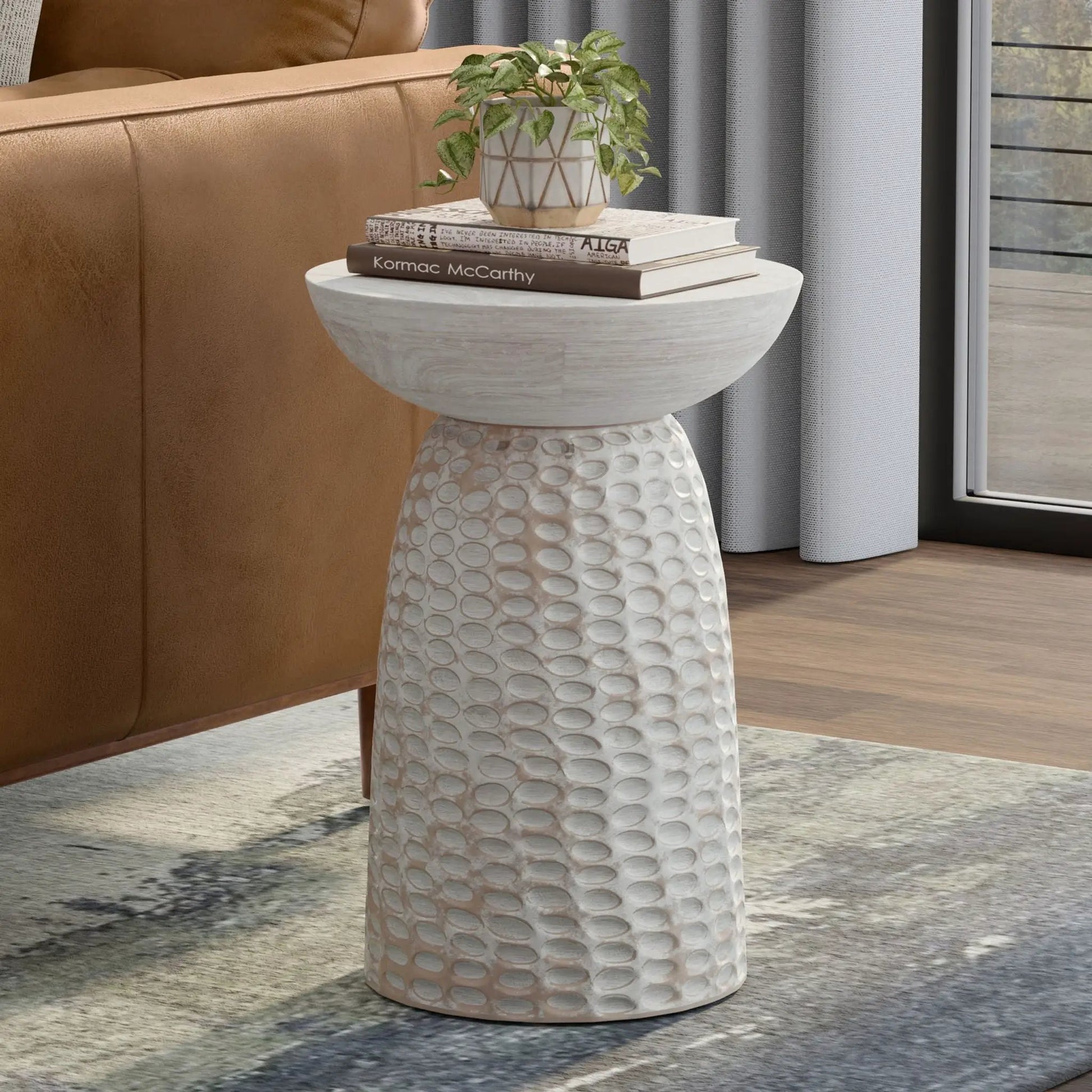 Boyd Handcrafted Accent Table white pedestal with textured base, plant on two books on Tampa Home & Garden Store