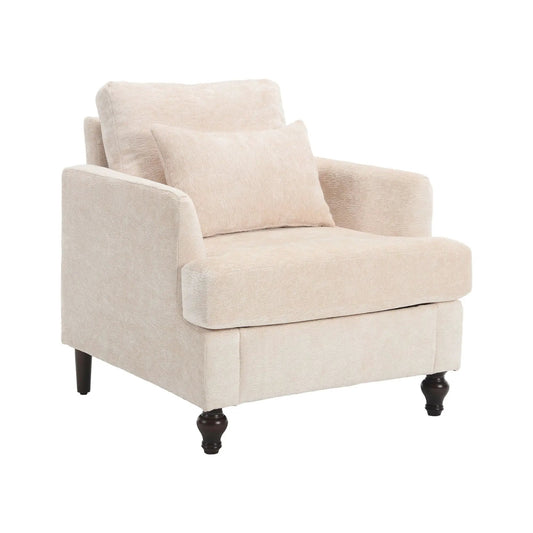 Modern mid century wood frame armchair in beige tufted upholstery with dark wood legs on Tampa Home & Garden Store