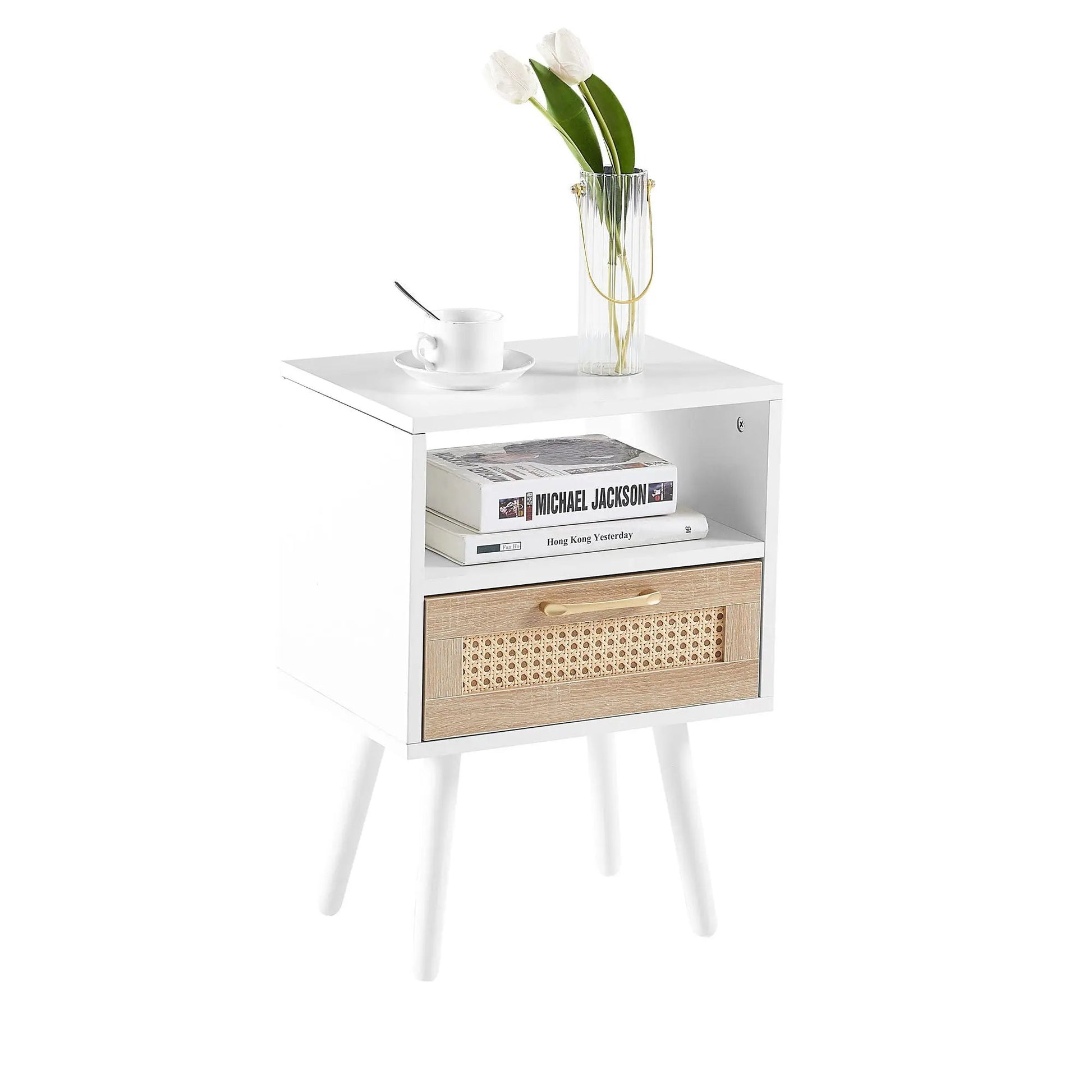 Rattan end table with drawer and solid wood legs, white finish; tulip vase on top on Tampa Home & Garden Store